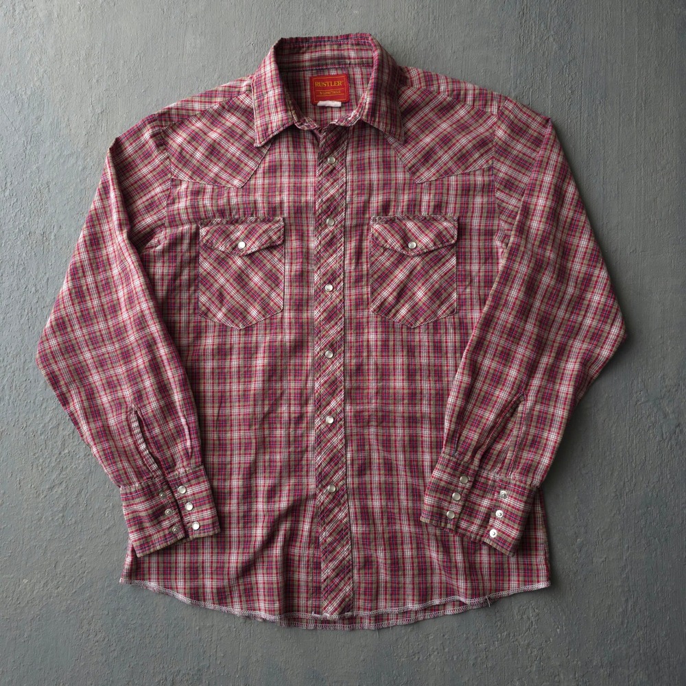 Vintage 80s Rustler Red Plaid Western Shirt XL Long Tails Pearl Snap